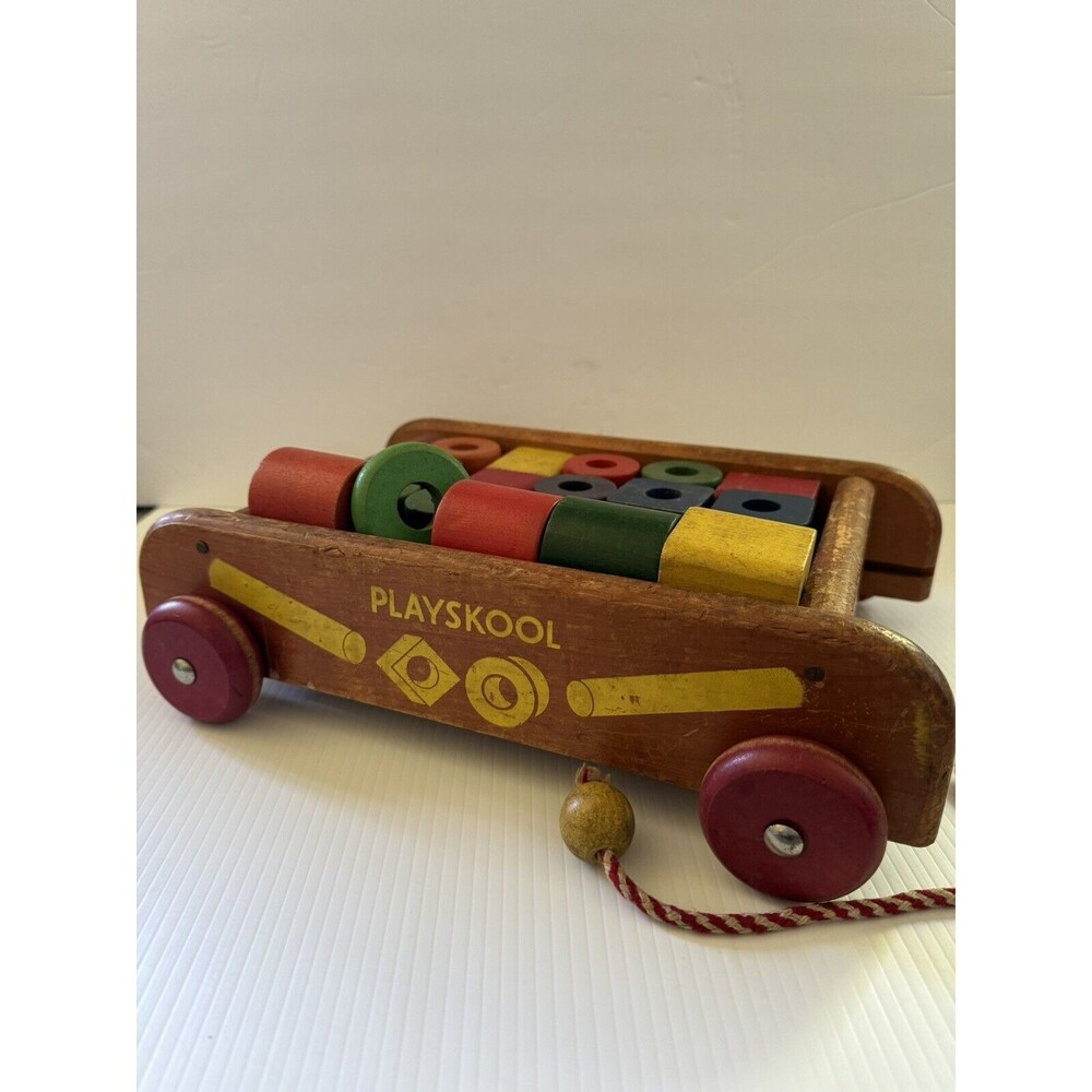 Vintage Wooden PLAYSKOOL Wagon Pull Toy With Wood Blocks - 23 Pieces